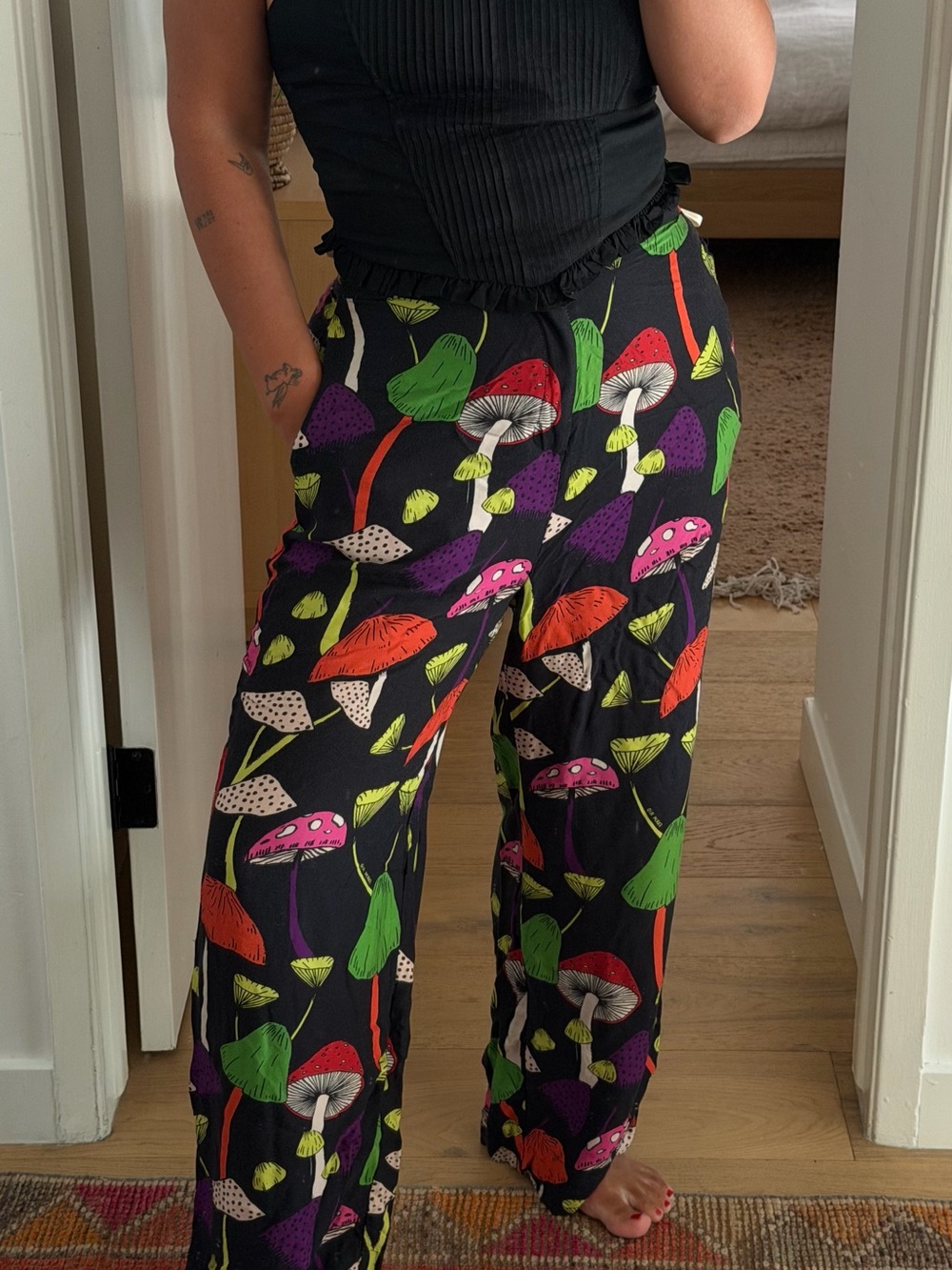 Farm Rio Wide-Leg Mushroom Print Pants in Black with Multicolor Mushrooms